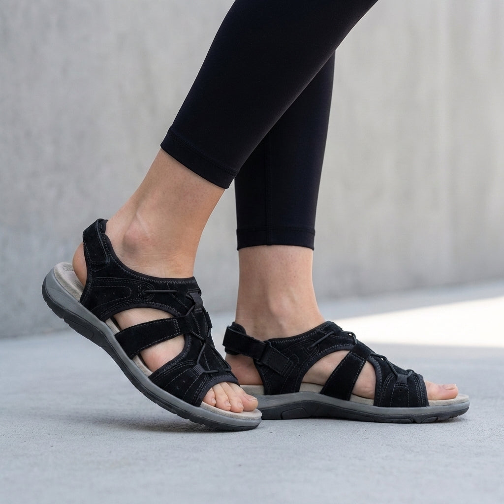Damen Leder Sandalen | Orthopädische Sommerschuhe mit Verstellbaren Riemen und Ergonomischem Fußbett