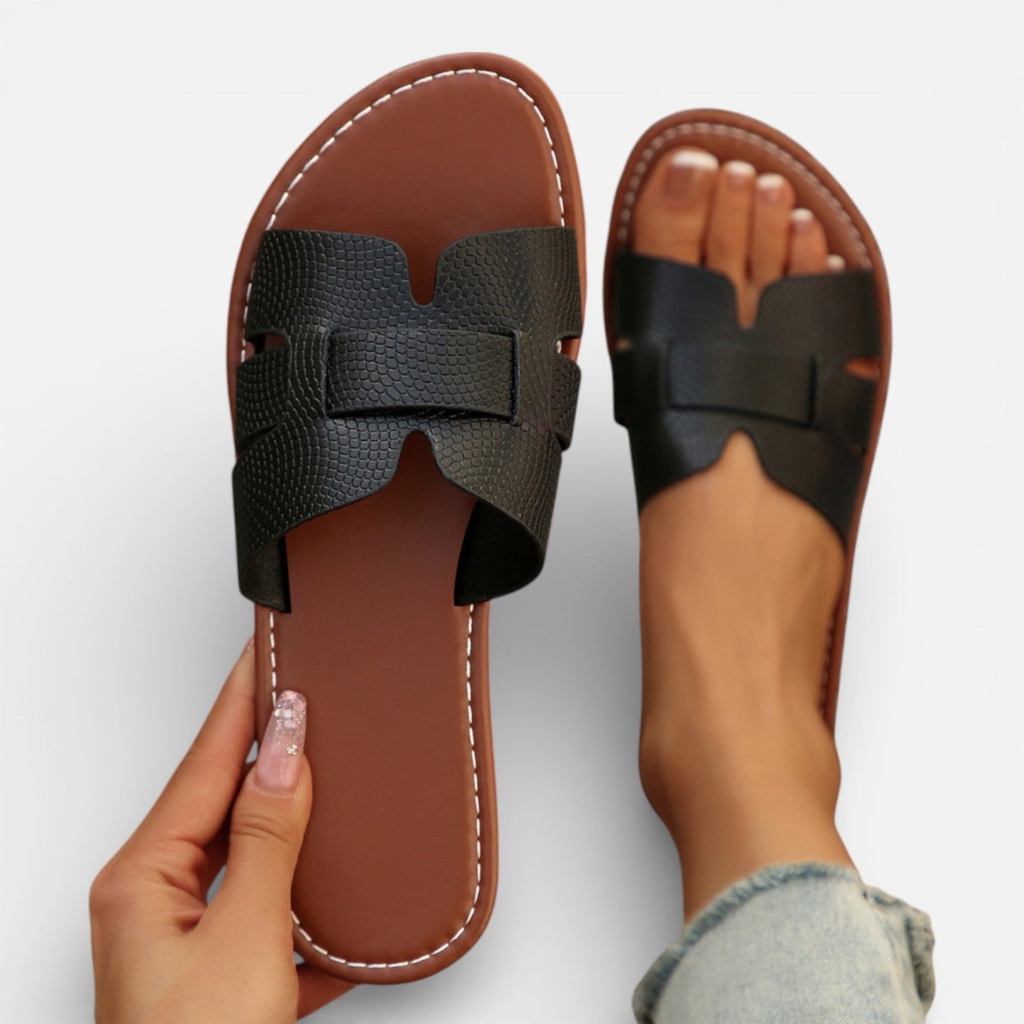 Damen Leder Slide-Sandalen | Bequeme Offene Zehen Sommerschuhe | Vielseitig Und Atmungsaktiv