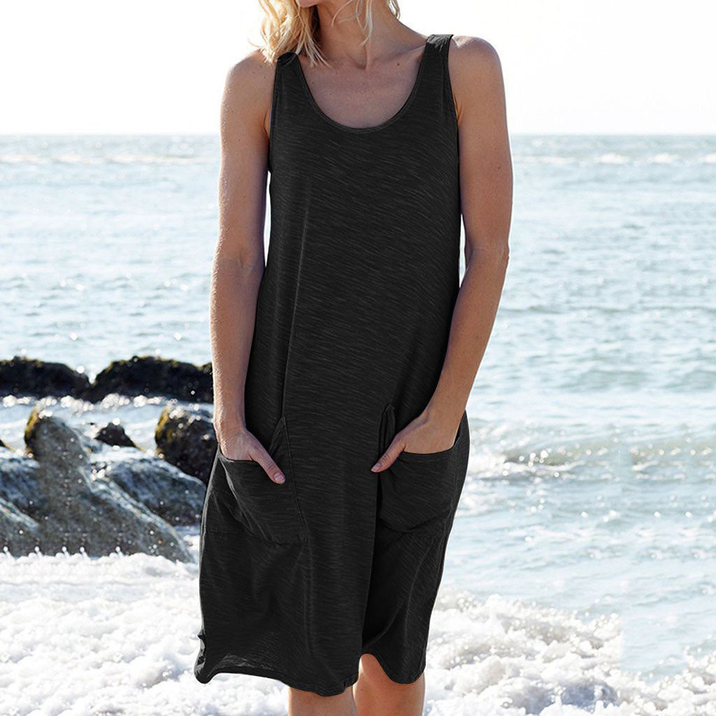 Damen Leichtes Ärmelloses Midi Kleid | Bequemes Sommer Kleid mit Taschen