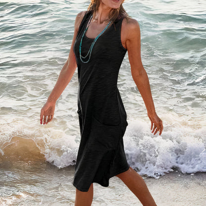 Damen Leichtes Ärmelloses Midi Kleid | Bequemes Sommer Kleid mit Taschen