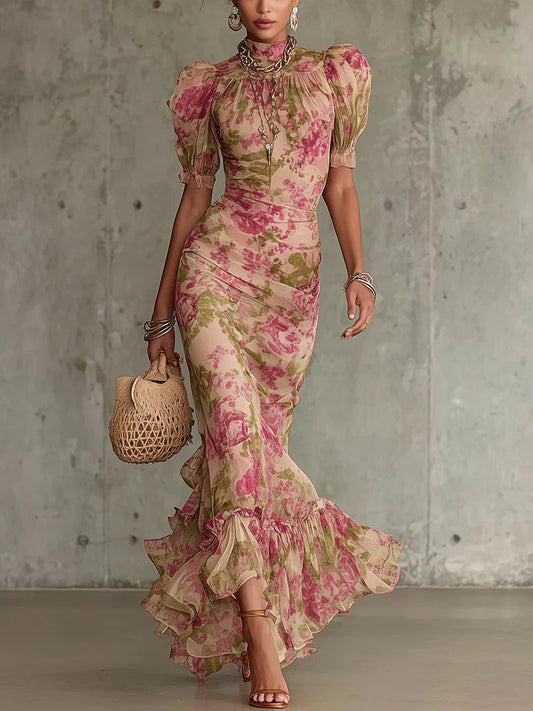 Damen Leichtes Blumenmuster Maxikleid | Elegantes Puffärmel Sommer Kleid Lang