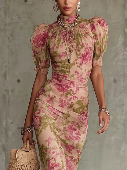 Damen Leichtes Blumenmuster Maxikleid | Elegantes Puffärmel Sommer Kleid Lang