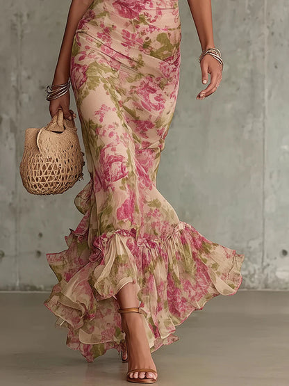 Damen Leichtes Blumenmuster Maxikleid | Elegantes Puffärmel Sommer Kleid Lang