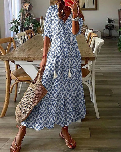 Damen Leichtes Boho-Maxikleid | Elegantes Fließendes Sommer Kleid Lang mit Trendigem Druck 0