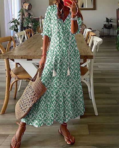 Damen Leichtes Boho-Maxikleid | Elegantes Fließendes Sommer Kleid Lang mit Trendigem Druck 2