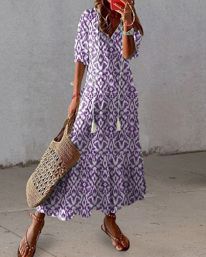 Damen Leichtes Boho-Maxikleid | Elegantes Fließendes Sommer Kleid Lang mit Trendigem Druck 3