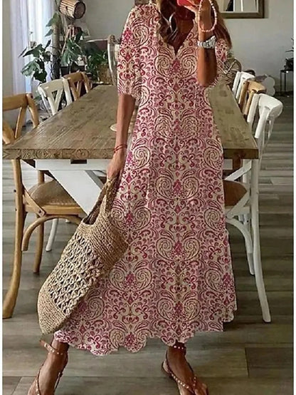 Damen Leichtes Boho-Maxikleid | Elegantes Fließendes Sommer Kleid Lang mit Trendigem Druck 4