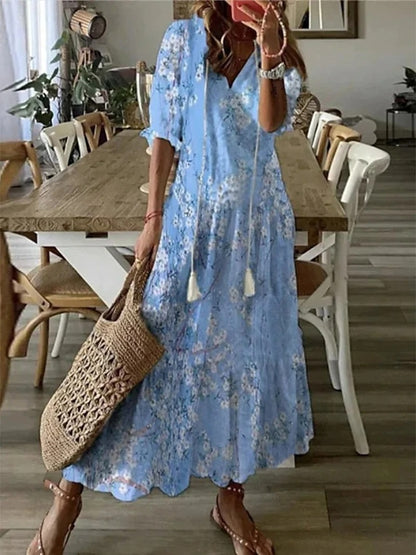 Damen Leichtes Boho-Maxikleid | Elegantes Fließendes Sommer Kleid Lang mit Trendigem Druck 5