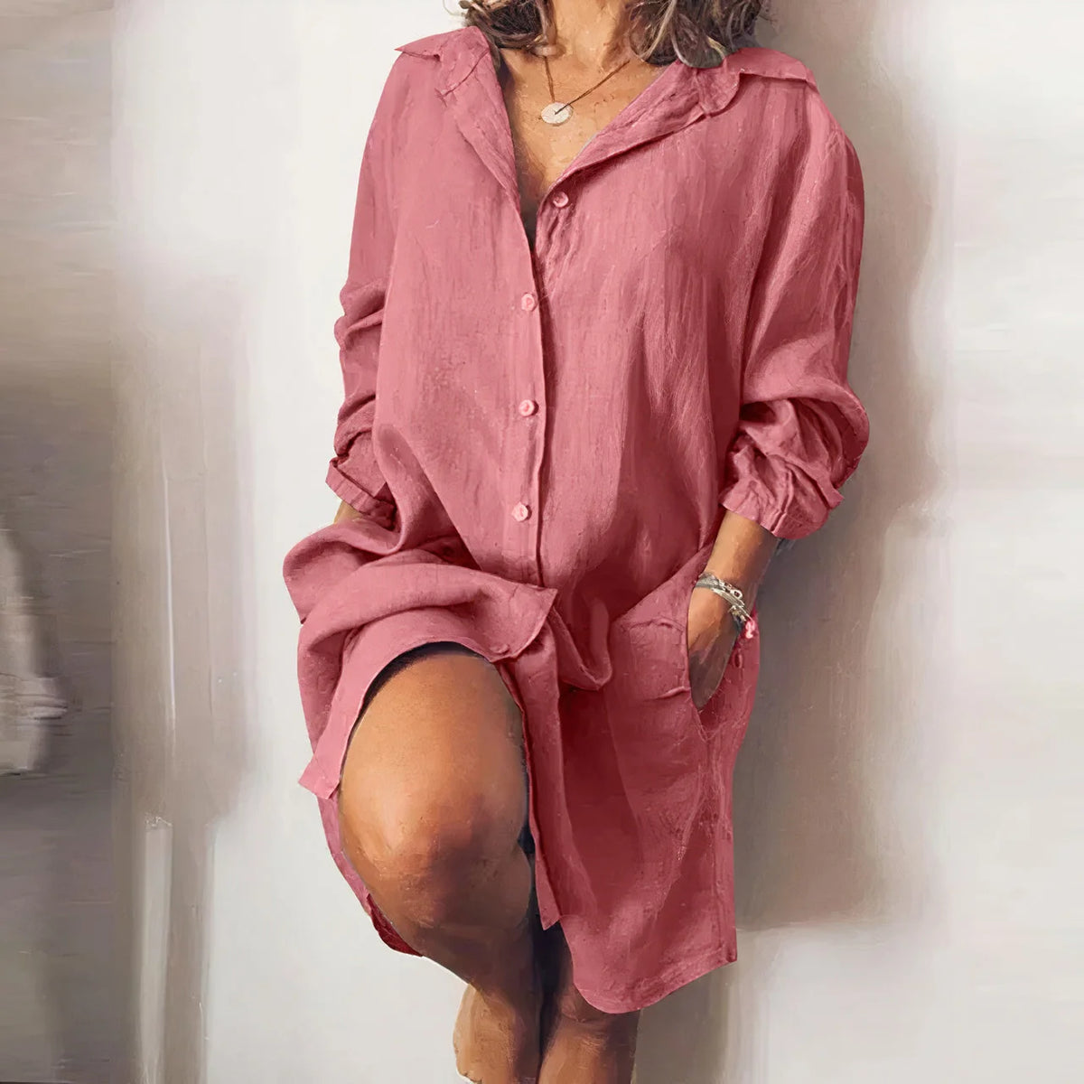 Damen Leinen Midi Kleid | Klassisch Elegantes Button-Down Kleid mit Langen Ärmeln 2