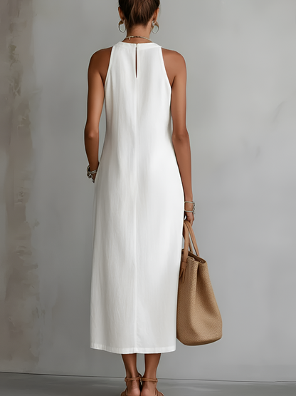 Damen Leinen Midikleid | Elegantes Luftiges Sommerkleid mit Lockeren Schnitt
