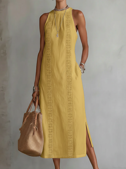 Damen Leinen Midikleid | Elegantes Luftiges Sommerkleid mit Lockeren Schnitt