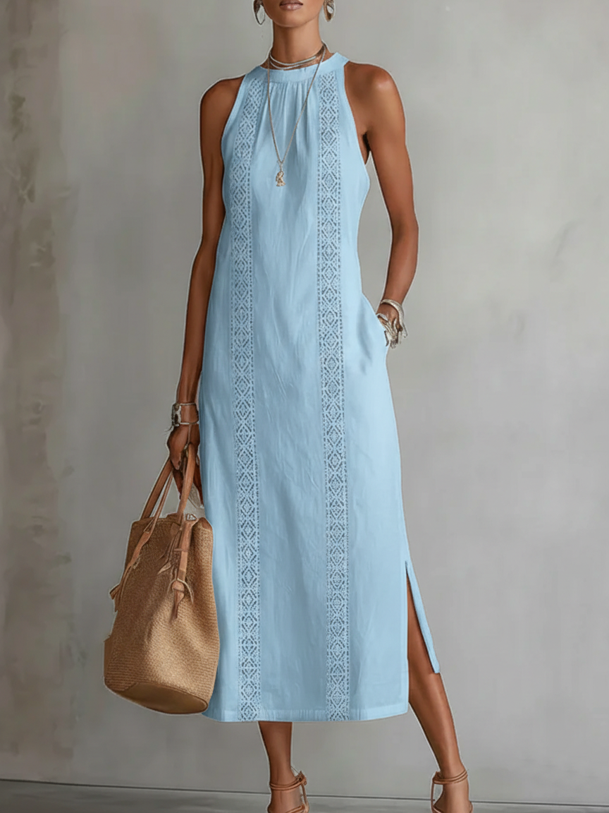 Damen Leinen Midikleid | Elegantes Luftiges Sommerkleid mit Lockeren Schnitt