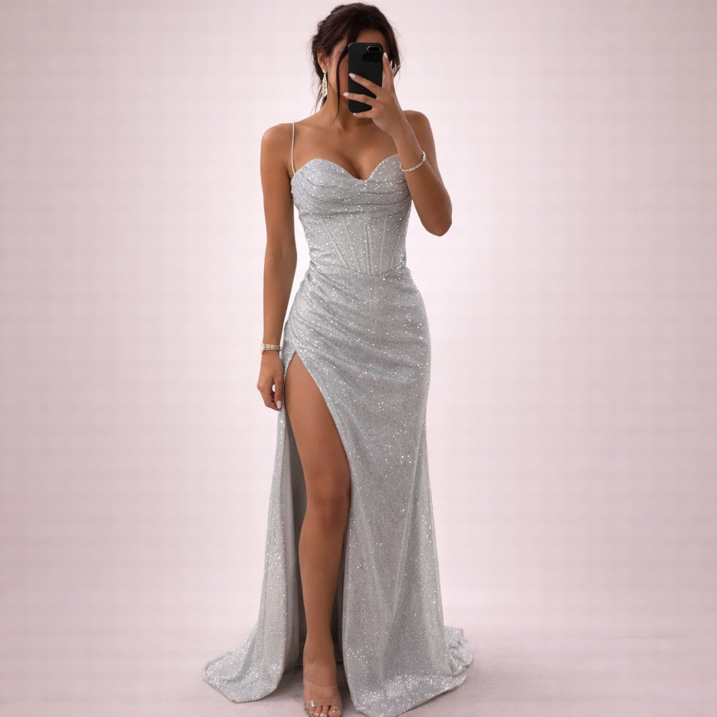 Damen Pailletten Maxikleid | Elegantes Glamour Kleid für besondere Anlässe