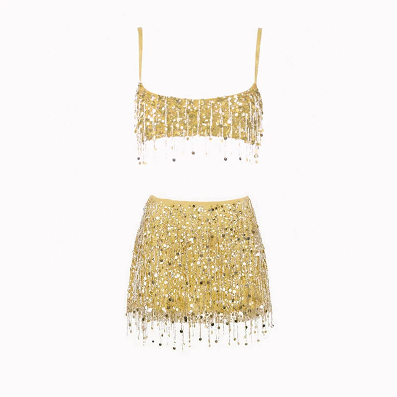Damen Pailletten Quasten Bikini Set | Glamouröses Zweiteiliges Sommeroutfit