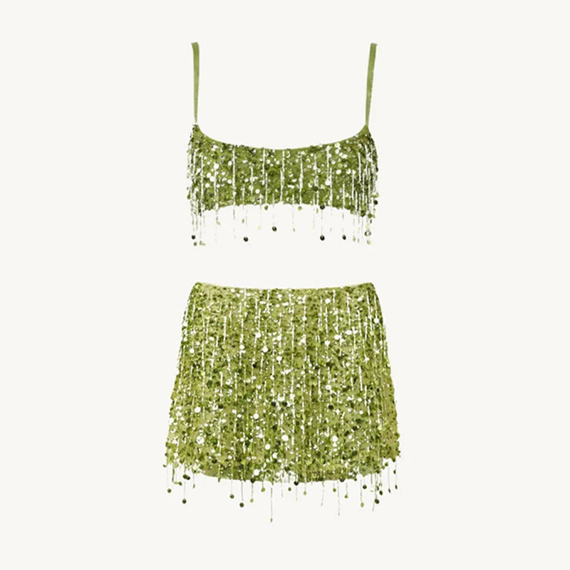 Damen Pailletten Quasten Bikini Set | Glamouröses Zweiteiliges Sommeroutfit