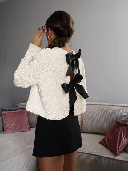 Damen Pailletten Samtjacke | Elegante Kurze Jacke mit Schleife für Besondere Anlässe 2