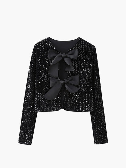 Damen Pailletten Samtjacke | Elegante Kurze Jacke mit Schleife für Besondere Anlässe 7