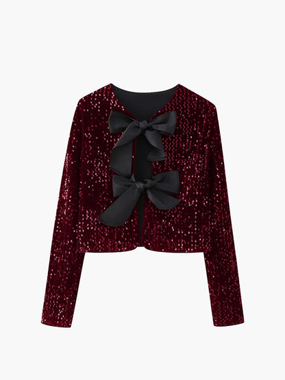 Damen Pailletten Samtjacke | Elegante Kurze Jacke mit Schleife für Besondere Anlässe 8