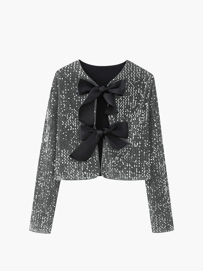 Damen Pailletten Samtjacke | Elegante Kurze Jacke mit Schleife für Besondere Anlässe 9