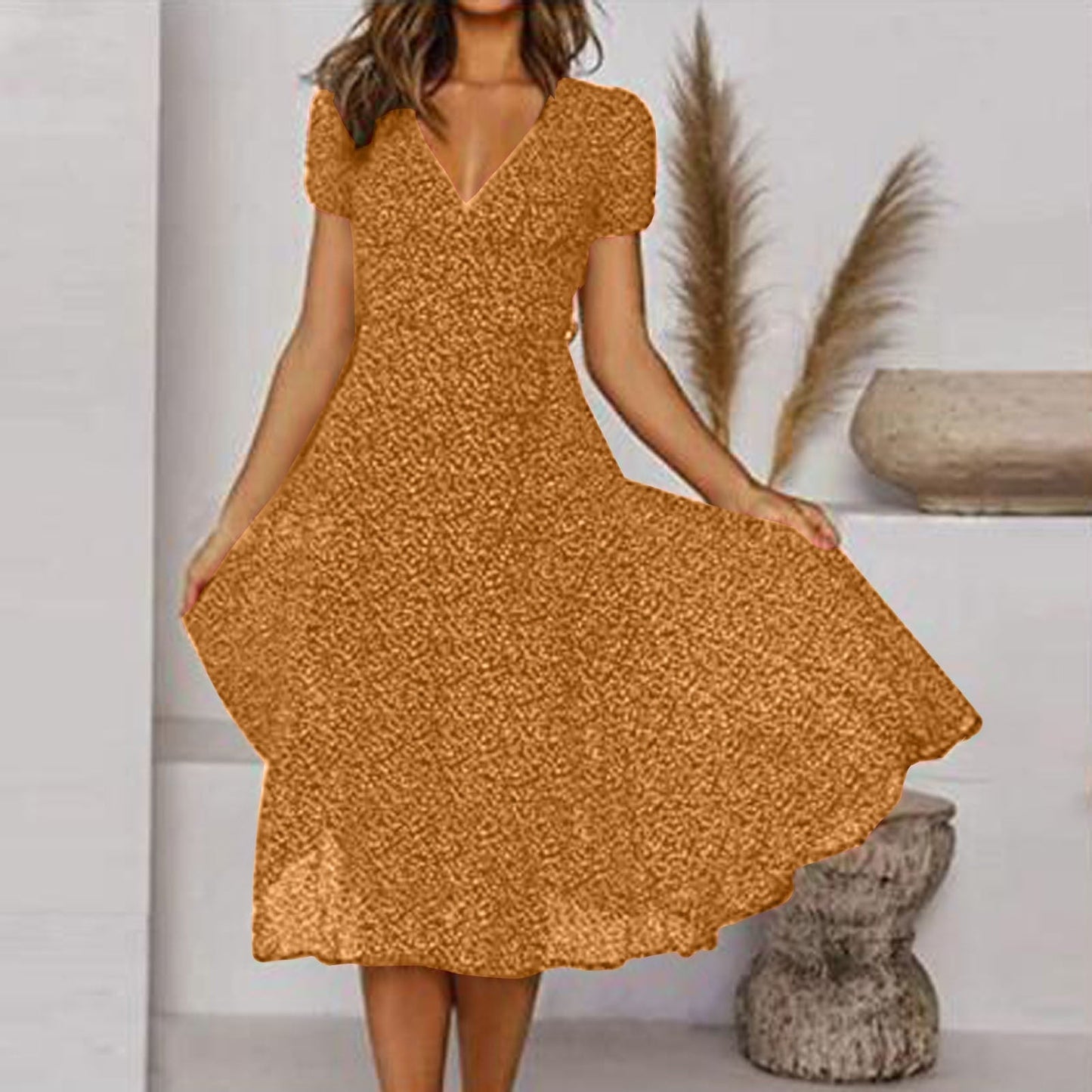Damen Pflegeleichtes A-Linien Kleid | Elegantes V-Ausschnitt Sommerkleid mit Swing-Saum 2
