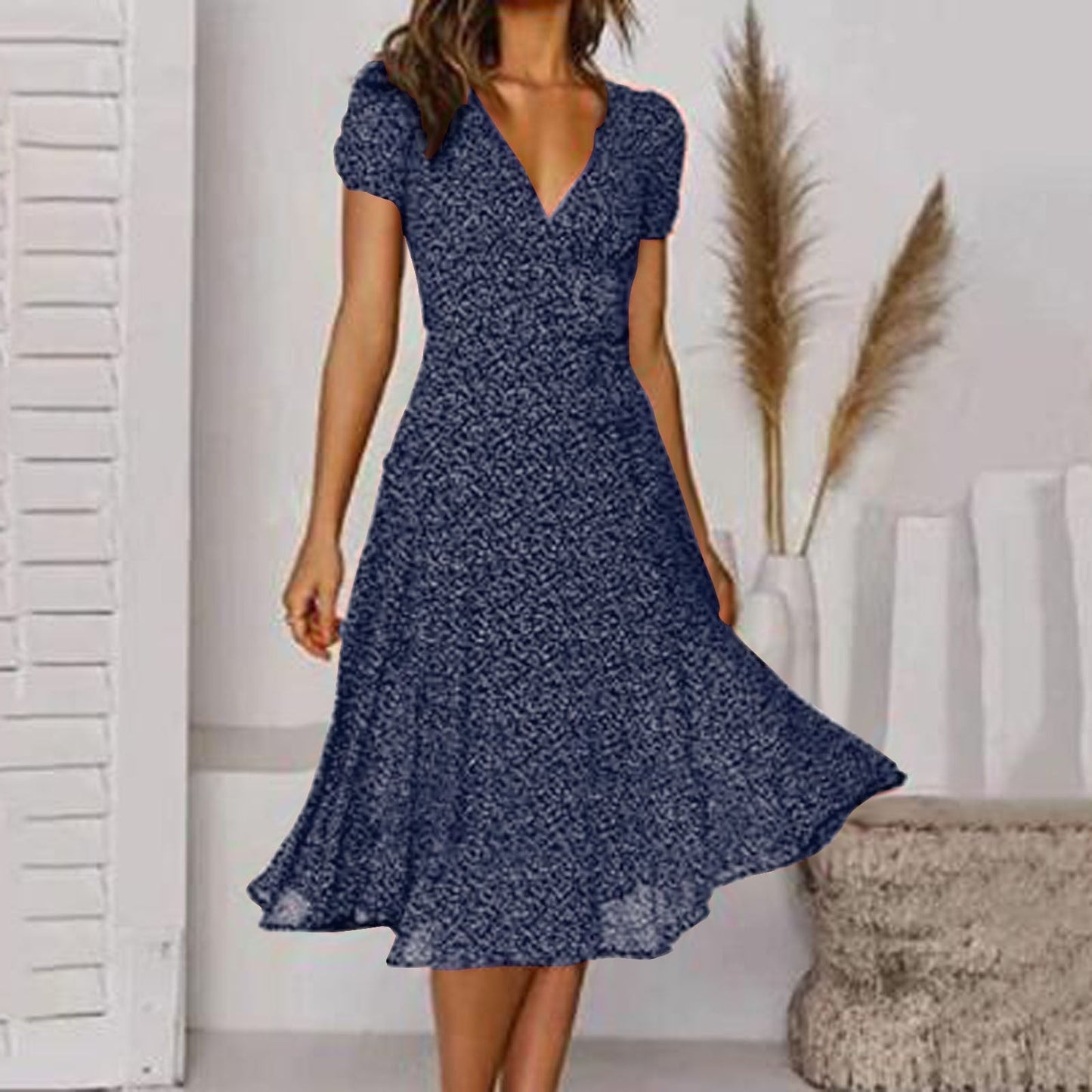 Damen Pflegeleichtes A-Linien Kleid | Elegantes V-Ausschnitt Sommerkleid mit Swing-Saum 4