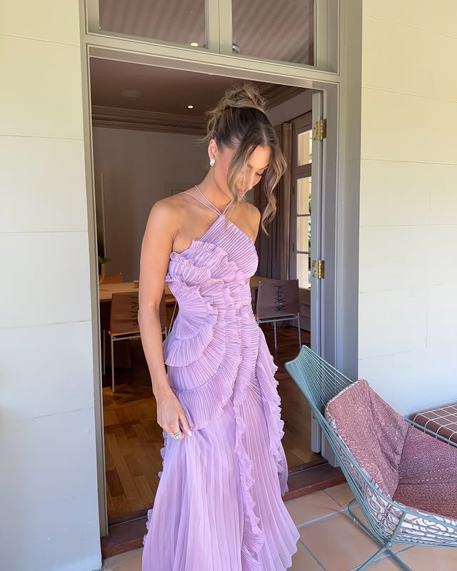 Damen Plissiertes Maxikleid | Romantisches Sommer Kleid Lang mit Rüschen