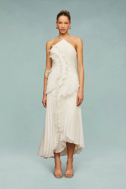 Damen Plissiertes Maxikleid | Romantisches Sommer Kleid Lang mit Rüschen