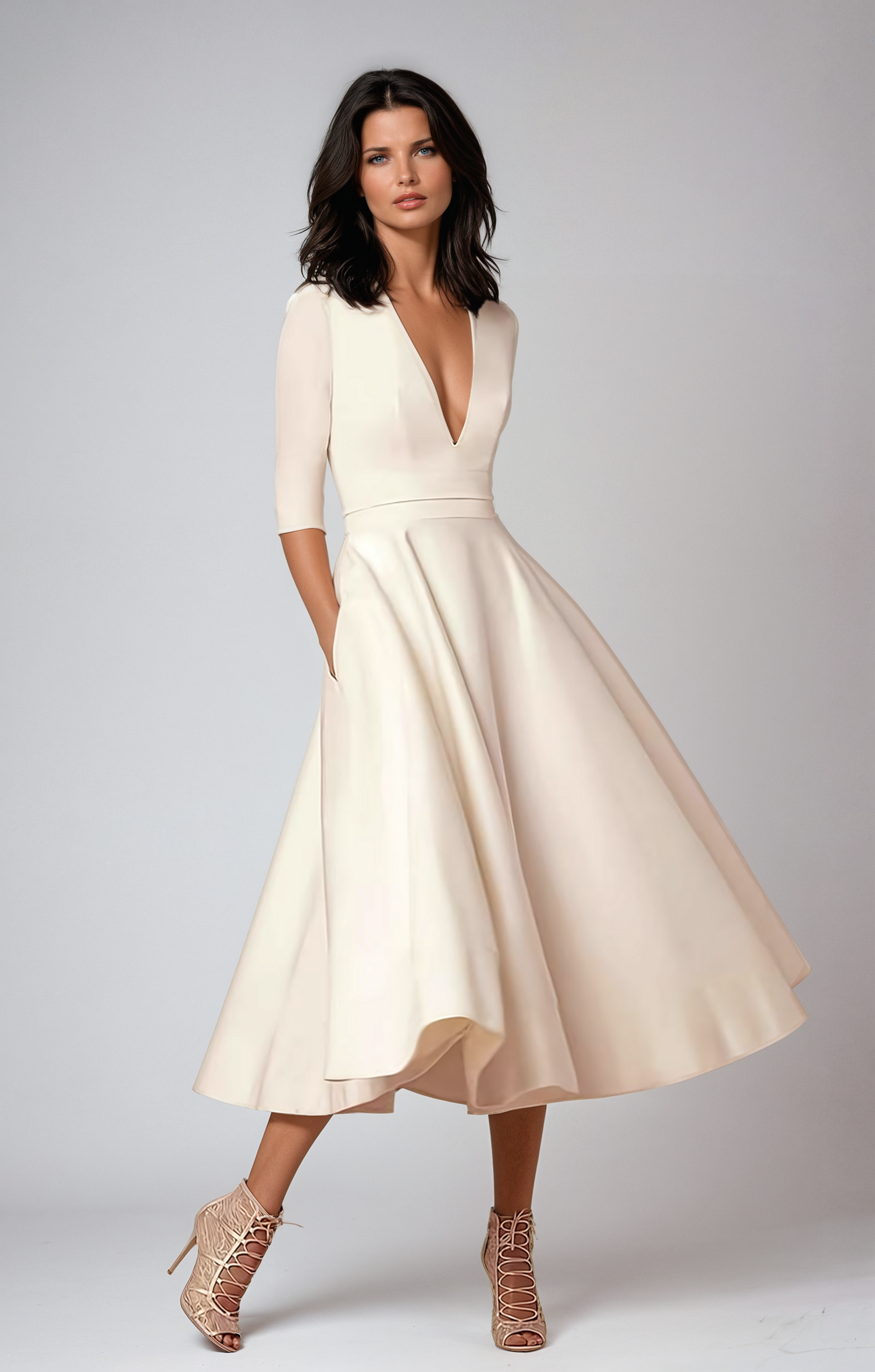 Damen Retro-inspiriertes Midi-Kleid | Elegante A-Linien-Silhouette für Hochzeitsgast oder Sommeranlässe 0