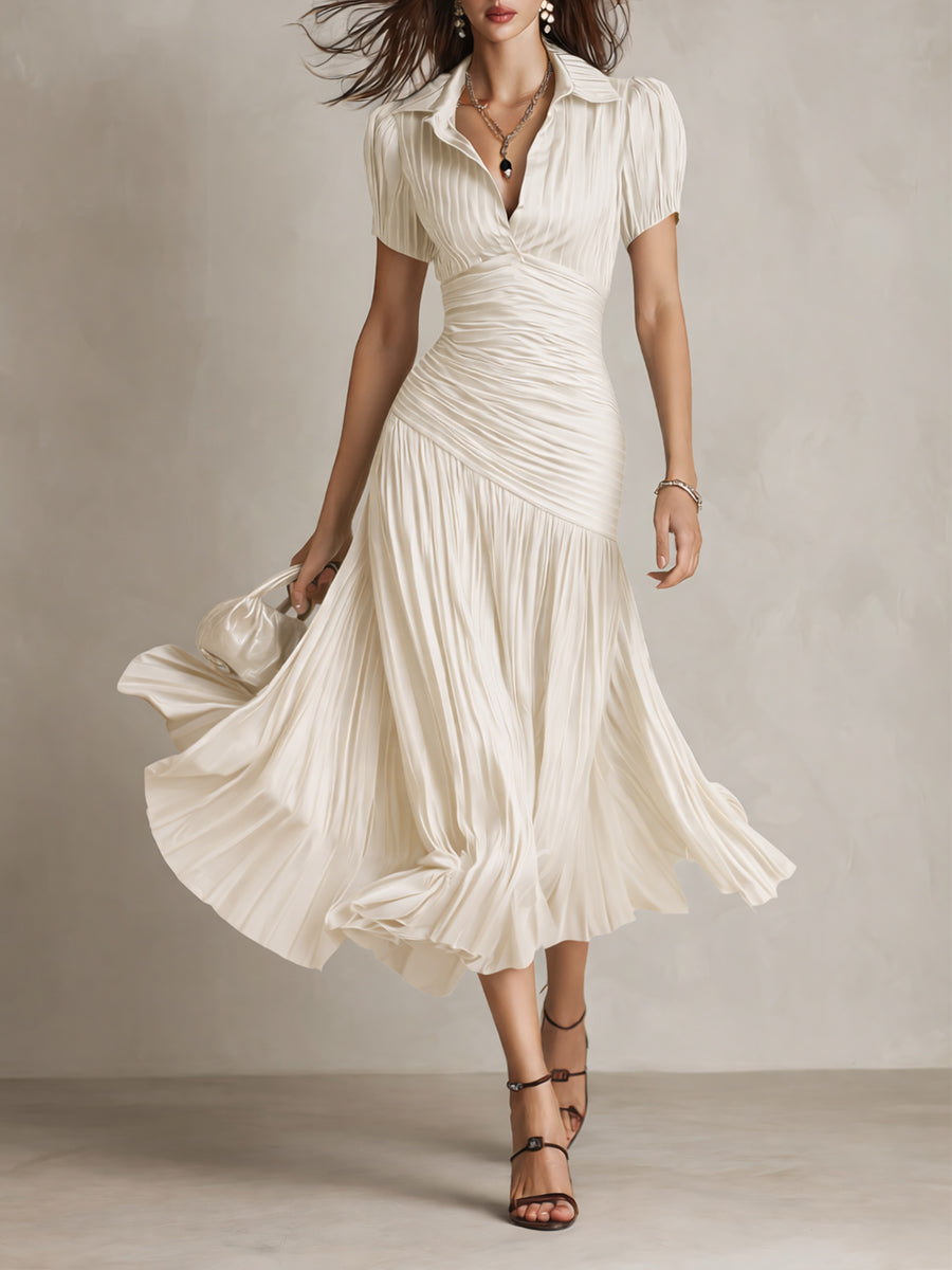 Damen Satin Midikleid | Elegantes Retro-Design mit Falten für Formelle Anlässe