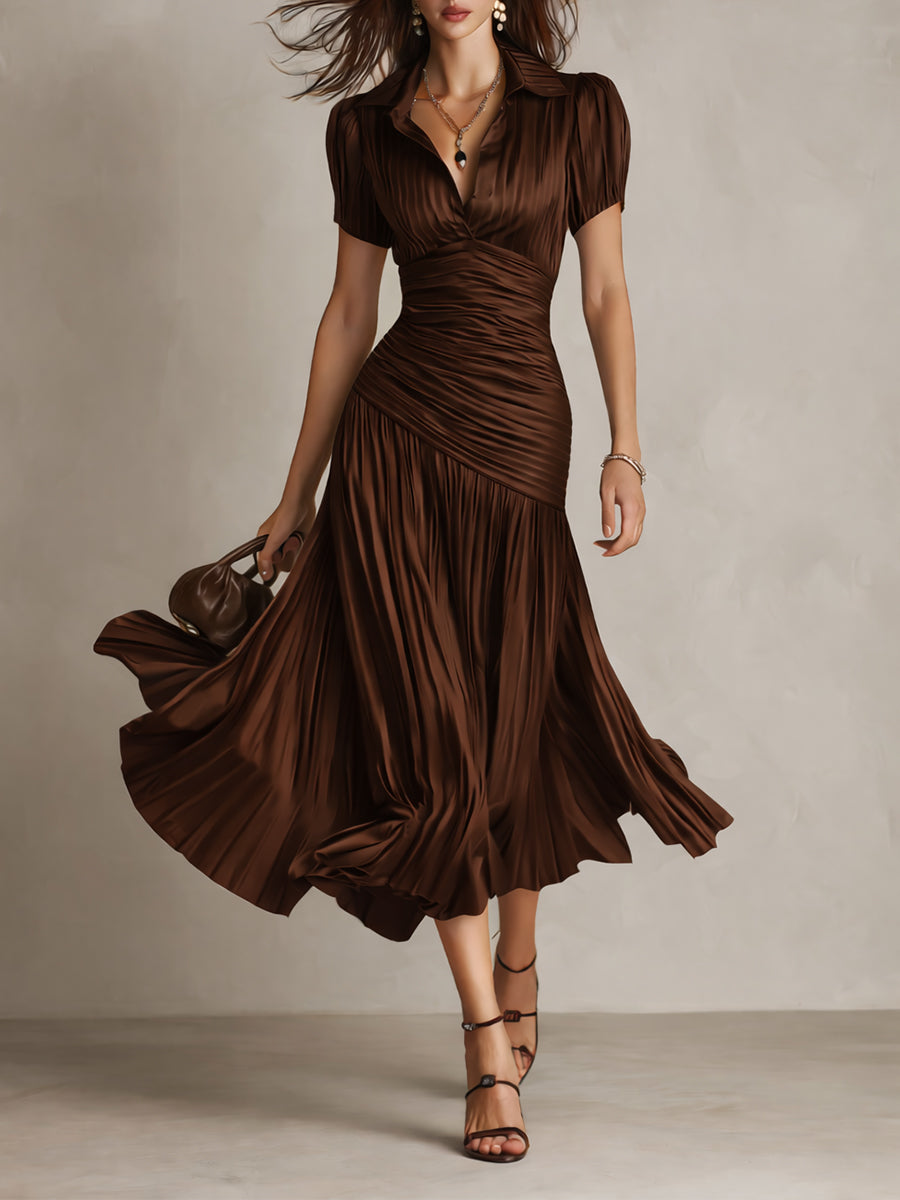 Damen Satin Midikleid | Elegantes Retro-Design mit Falten für Formelle Anlässe