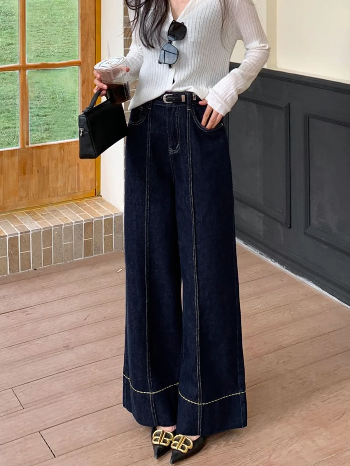 Damen Schwarze Denim Jeans | Weite Beinform mit Mittelhohem Bund 5