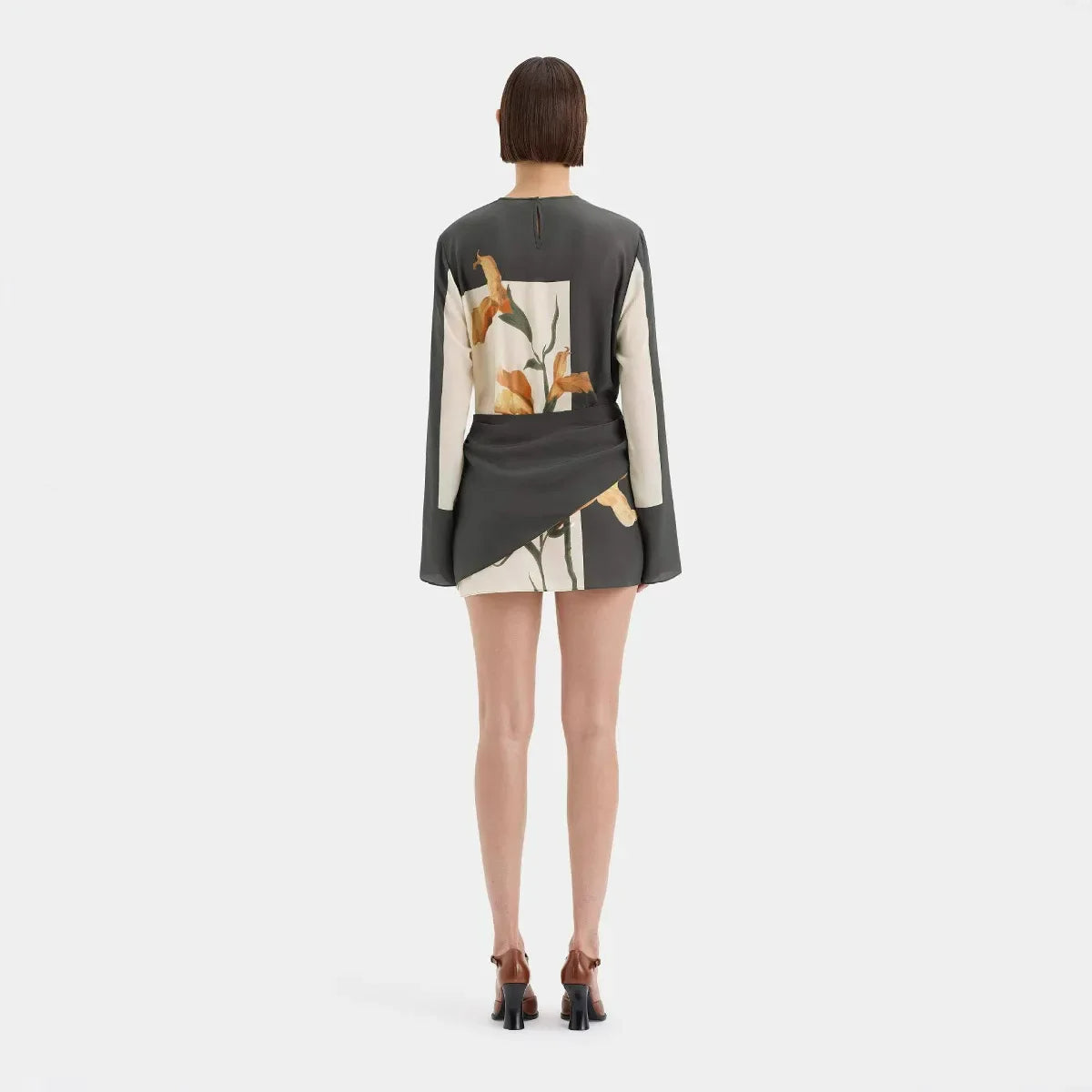 Damen Seidenkrepp Cocktail-Minikleid | Elegantes Floral Design mit Drapiertem Twist 5