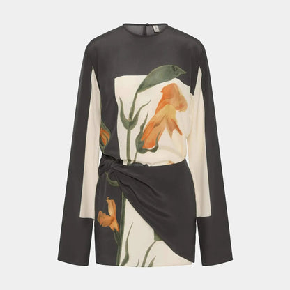 Damen Seidenkrepp Cocktail-Minikleid | Elegantes Floral Design mit Drapiertem Twist 6