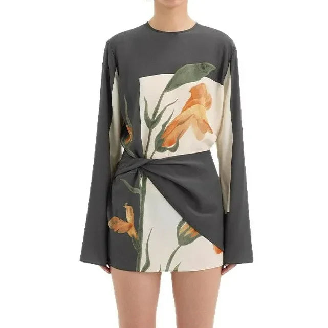 Damen Seidenkrepp Cocktail-Minikleid | Elegantes Floral Design mit Drapiertem Twist 7