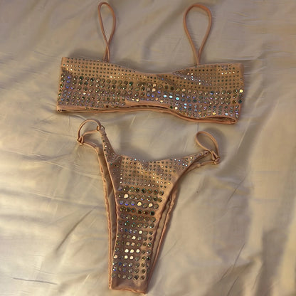 Damen Shiny Polyester Bikini Set | Sexy Bandeau Badeanzug für Sommerurlaub