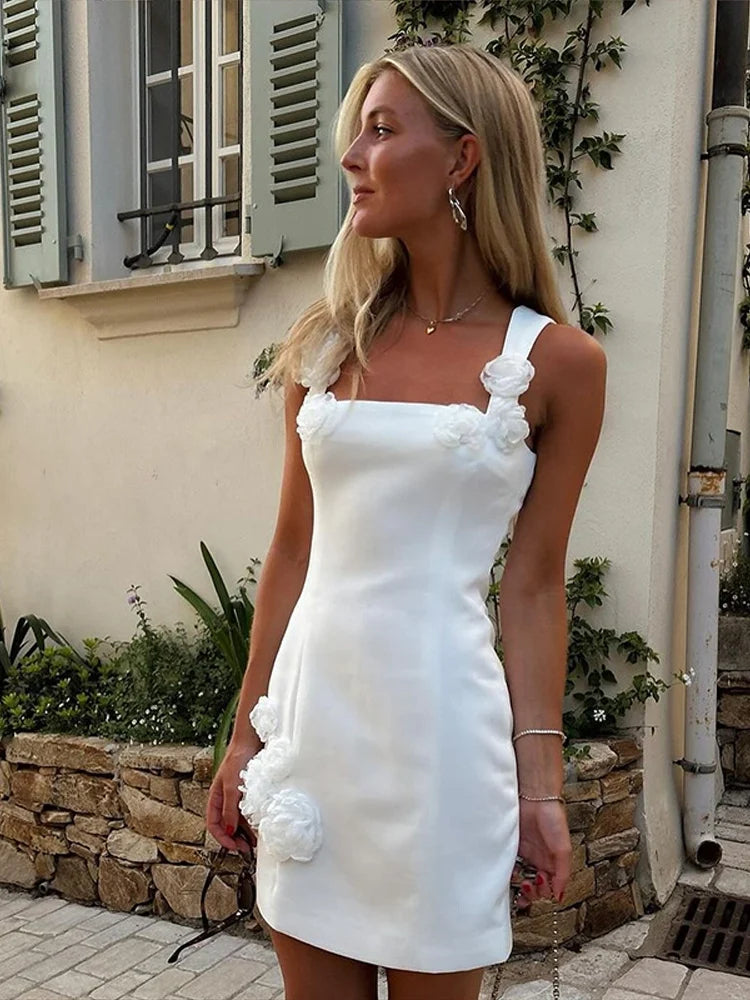 Damen Sommer Cocktail Minikleid | Verspielt Elegantes Kleid mit Blumenapplikationen 7