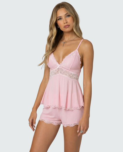 Damen Spitze Cami-Set | Elegantes Nachtwäsche Set mit Schleifendetail