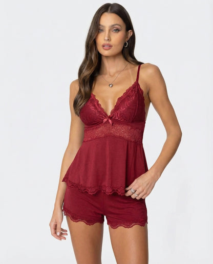 Damen Spitze Cami-Set | Elegantes Nachtwäsche Set mit Schleifendetail