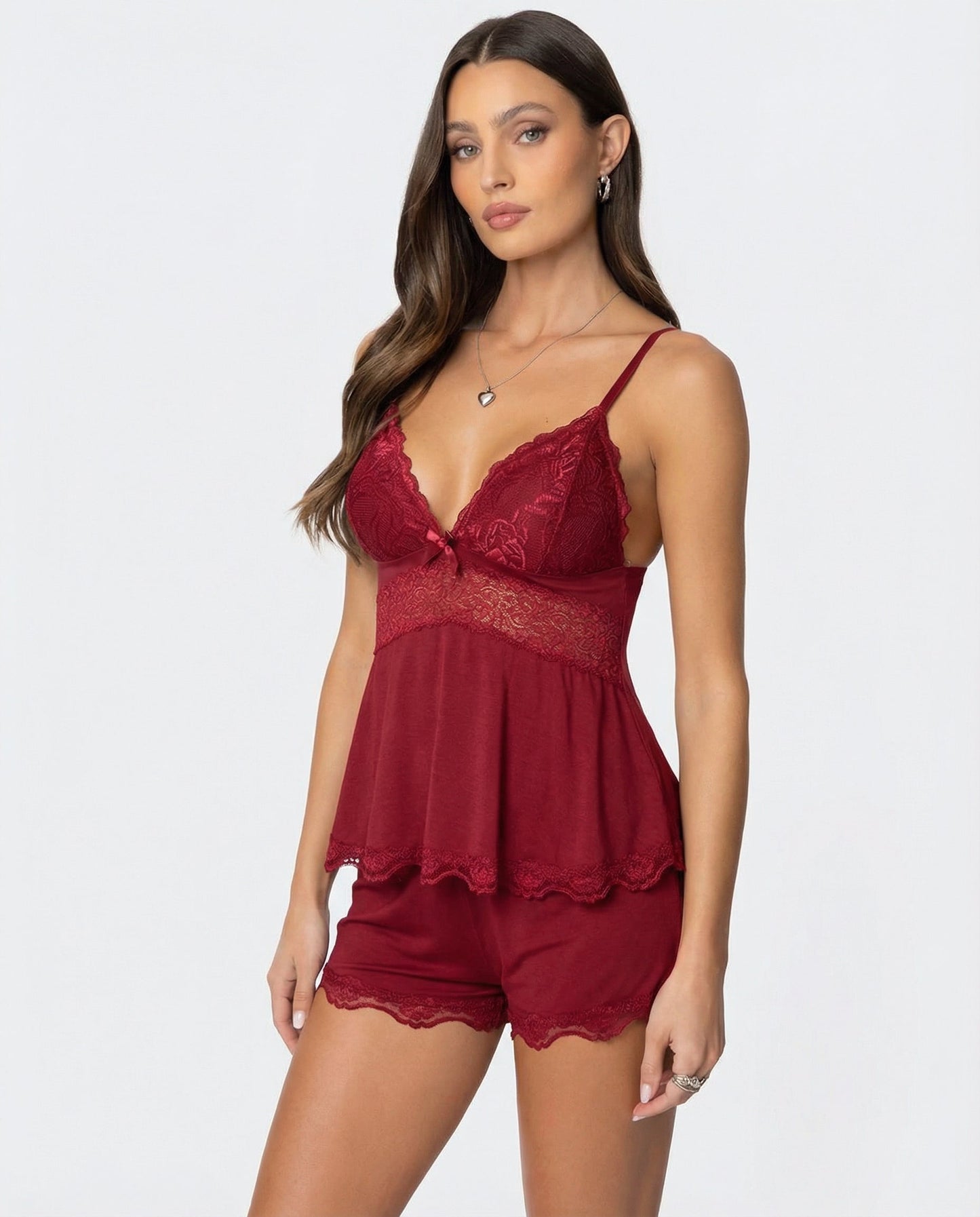 Damen Spitze Cami-Set | Elegantes Nachtwäsche Set mit Schleifendetail