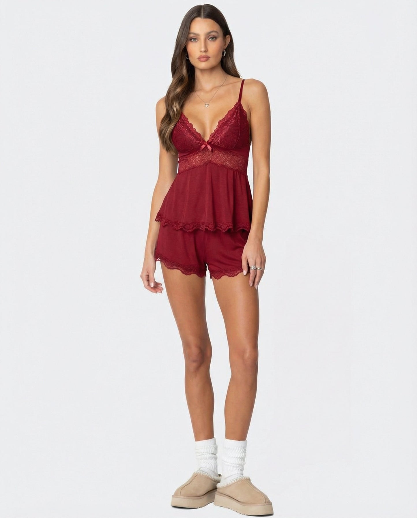 Damen Spitze Cami-Set | Elegantes Nachtwäsche Set mit Schleifendetail