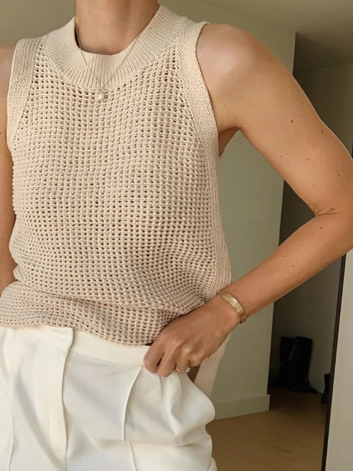 Damen Stricktop Polyester-Mix Ärmellos | Bequemes Rundhals-Tanktop 1