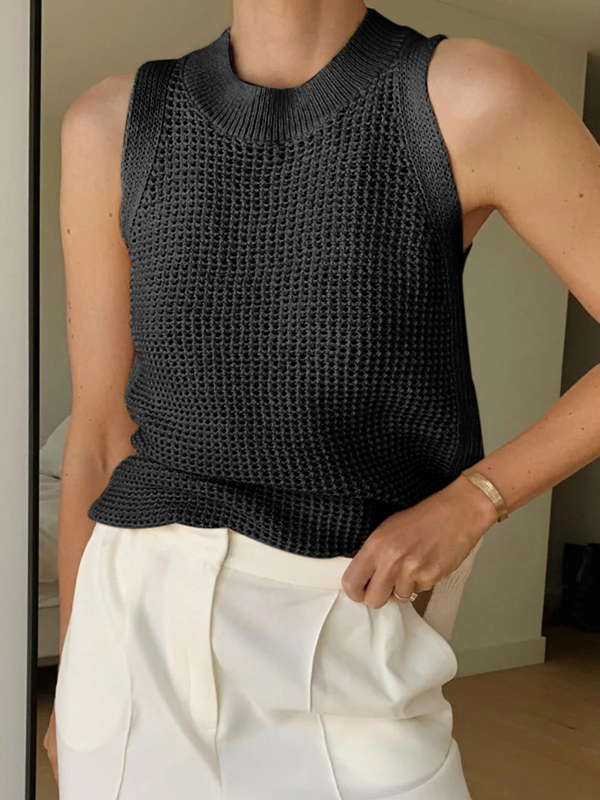 Damen Stricktop Polyester-Mix Ärmellos | Bequemes Rundhals-Tanktop 3