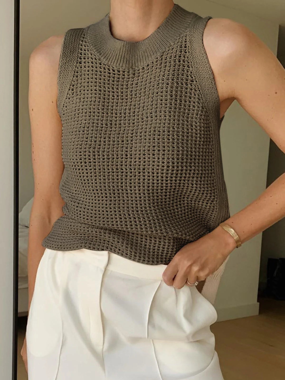 Damen Stricktop Polyester-Mix Ärmellos | Bequemes Rundhals-Tanktop 4