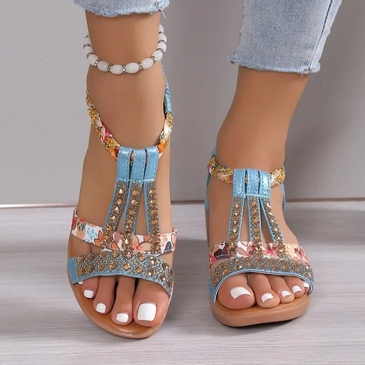 Damen Synthetik Keil Sandalen | Bequeme Strass Peep Toe Sommerschuhe