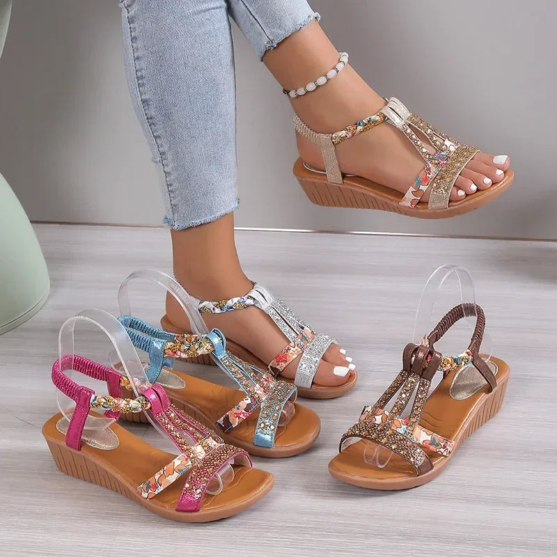 Women's Synthetic Wedge Sandals | Comfortable Rhinestone Peep Toe Summer Shoes