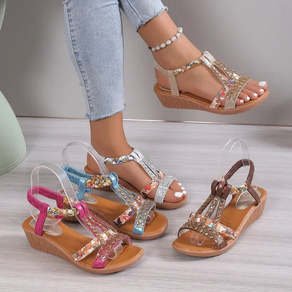 Women's Synthetic Wedge Sandals | Comfortable Rhinestone Peep Toe Summer Shoes