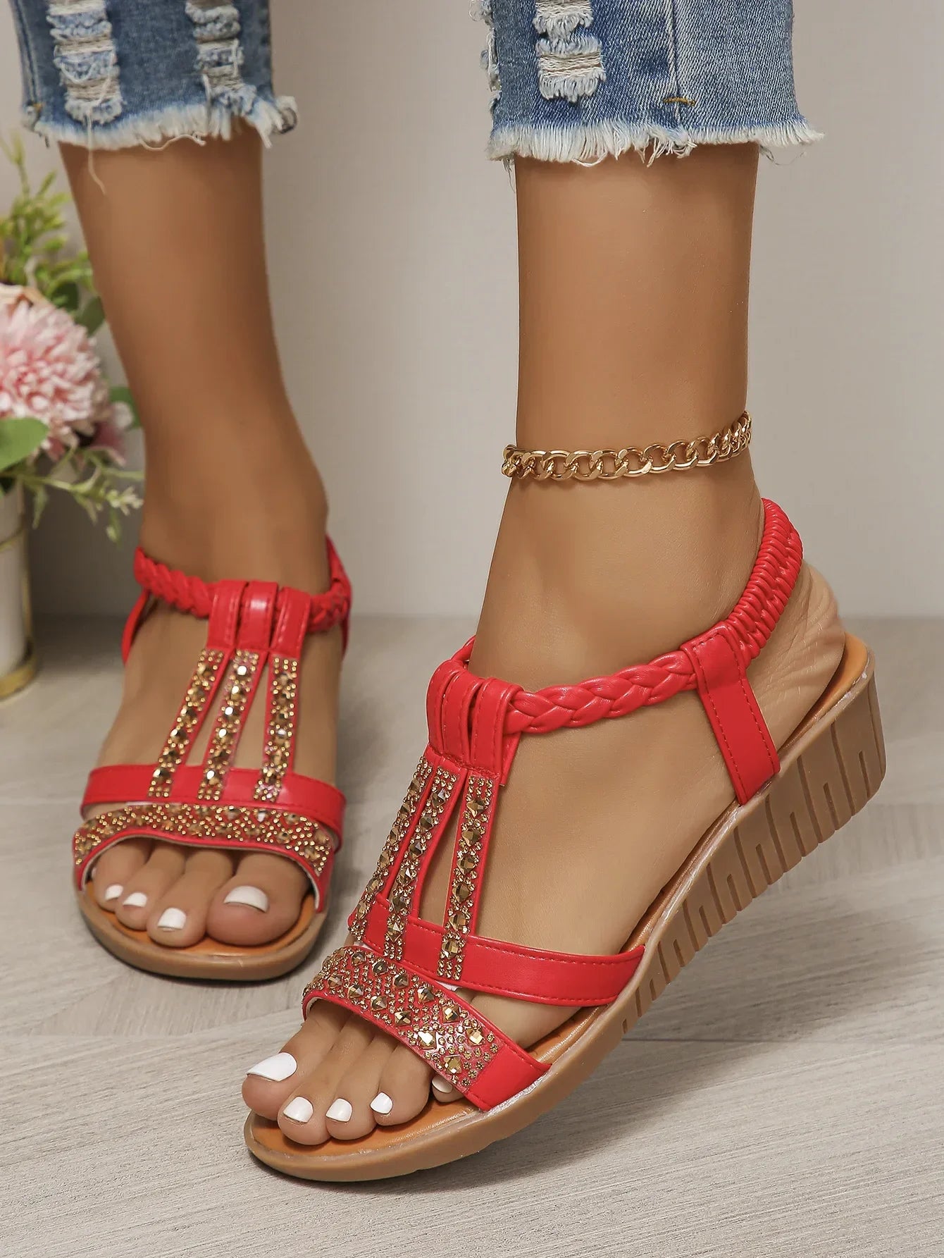 Women's Synthetic Wedge Sandals | Comfortable Rhinestone Peep Toe Summer Shoes