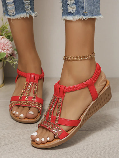 Women's Synthetic Wedge Sandals | Comfortable Rhinestone Peep Toe Summer Shoes