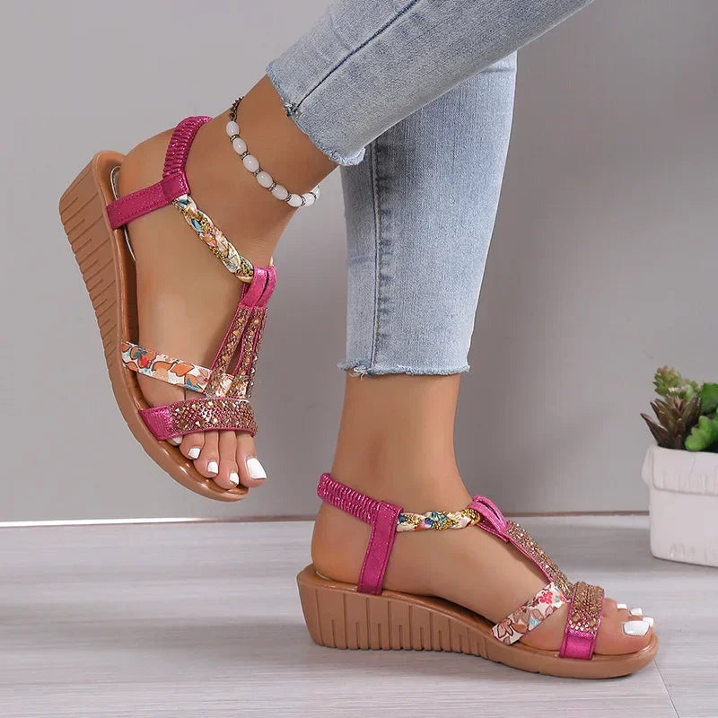 Women's Synthetic Wedge Sandals | Comfortable Rhinestone Peep Toe Summer Shoes