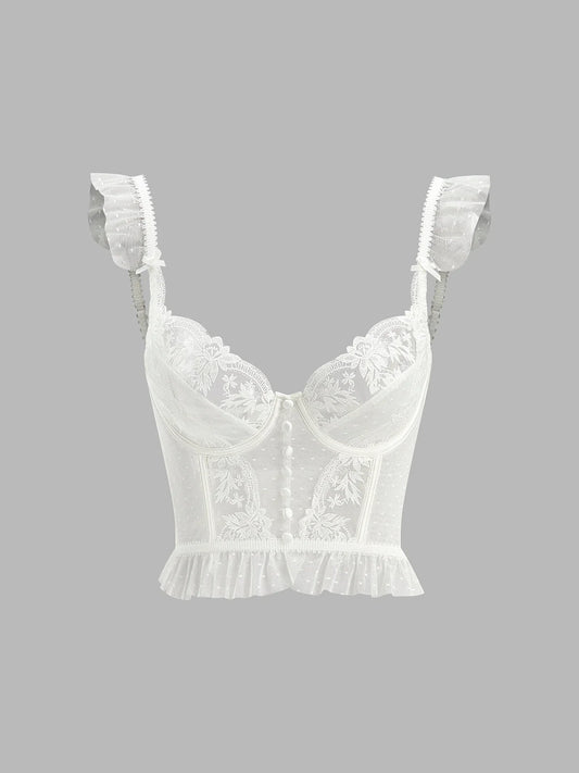Damen Transparente Spitze Mesh Crop Top | Elegantes Kurzarm Oberteil 0
